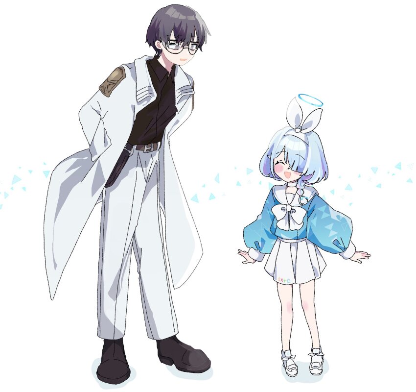 1boy 1girl arona_(blue_archive) black-framed_eyewear black_shirt blue_archive blue_hair blue_serafuku blush_stickers bow bow_hairband bowtie brown_footwear coat full_body grey_eyes grey_hair hairband halo hands_in_pockets highres long_sleeves looking_at_another open_clothes open_coat open_mouth pants problem_solver_sensei_(blue_archive) sailor_collar school_uniform sensei_(blue_archive) serafuku shirt shirt_tucked_in short_hair simple_background skirt smile tanikomotimoti white_background white_bow white_bowtie white_coat white_footwear white_hairband white_pants white_sailor_collar white_skirt