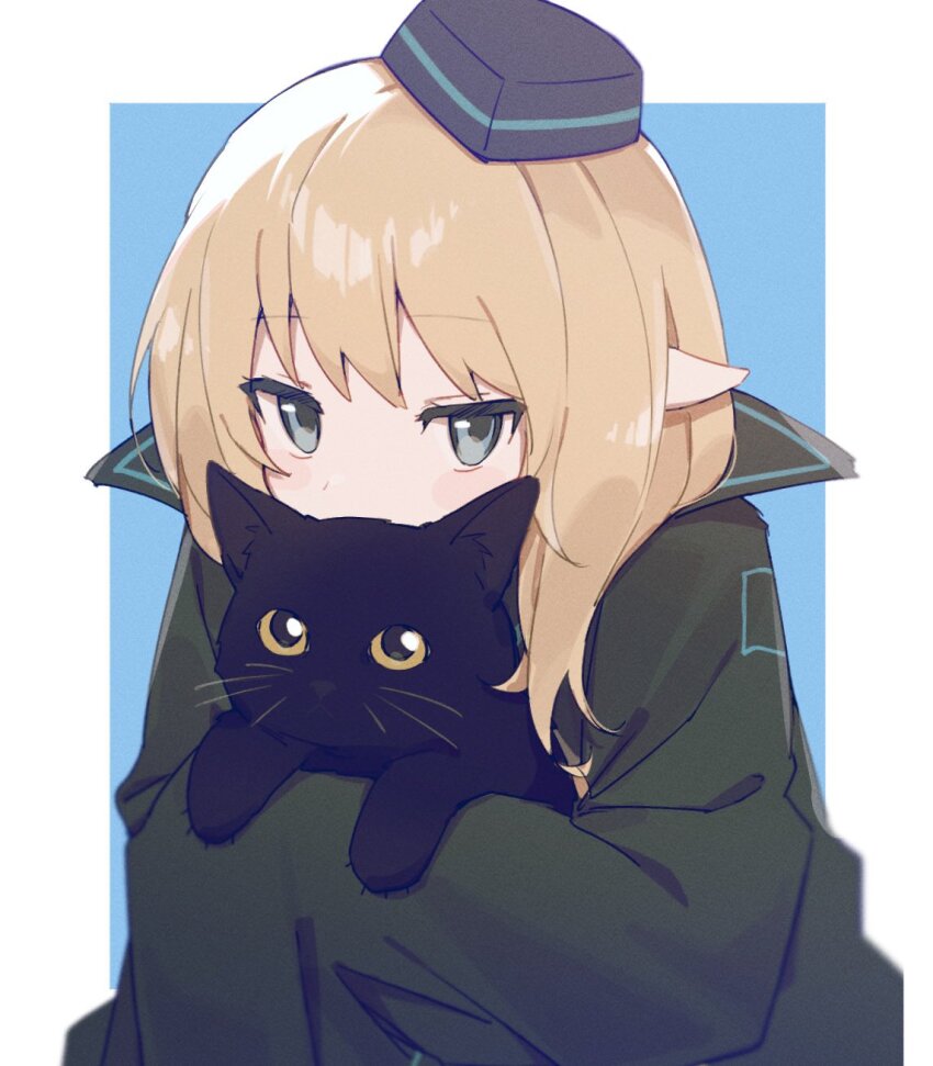 1girl animal animal_ear_fluff animal_hug arknights black_cat black_hat black_jacket blue_background blush_stickers cat commentary_request covered_mouth durin_(arknights) garrison_cap grey_hair hat highres jacket light_brown_hair long_sleeves looking_at_viewer odjikasu one-hour_drawing_challenge pointy_ears sleeves_past_fingers sleeves_past_wrists solo tilted_headwear two-tone_background upper_body white_background yellow_eyes