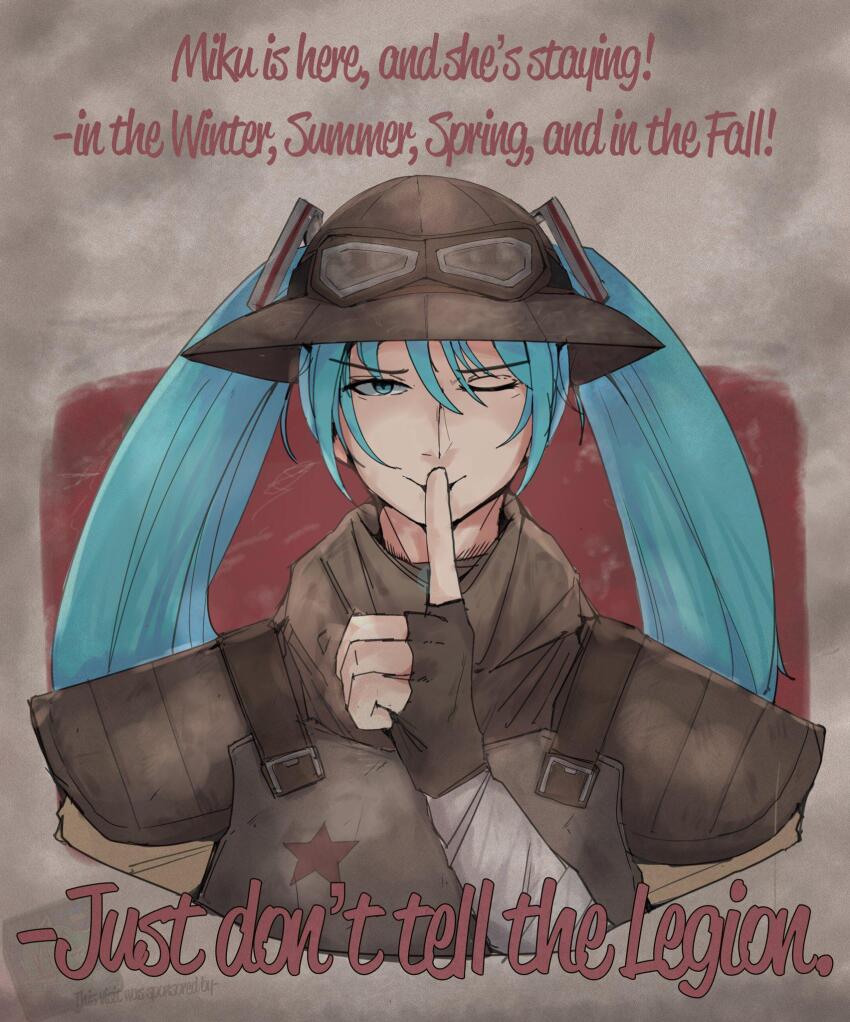 armor blue_eyes blue_hair english_text fallout:_new_vegas fallout finger_to_mouth fingerless_gloves gloves goggles goggles_on_headwear hatsune_miku helmet highres littleclevie new_california_republic one_eye_closed poster_(medium) propaganda twintails vocaloid worldwide_miku