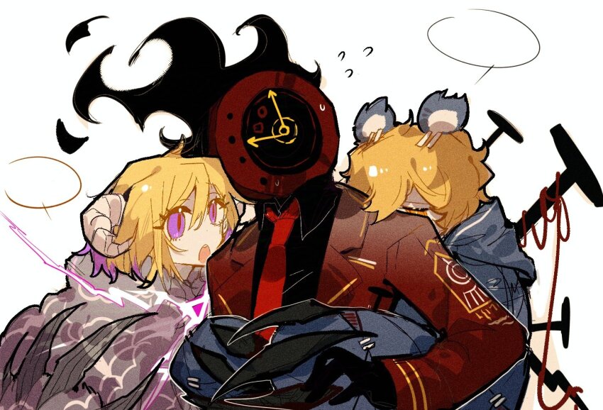 1boy 1girl 1other :o aislan animal_ears bear_claws bear_ears black_gloves blonde_hair clock coat collared_shirt dante_(limbus_company) don_quixote_(project_moon) e.g.o_(project_moon) electric_screaming_(e.g.o) fire fur_trim gloves grey_coat grey_shawl hex_nail_(e.g.o) limbus_company long_sleeves looking_at_another nail_(hardware) necktie object_head open_mouth paw_sleeves project_moon purple_eyes purple_hair red_coat red_necktie shawl shirt short_hair simple_background sinclair_(project_moon) solo standing upper_body white_background yellow_eyes
