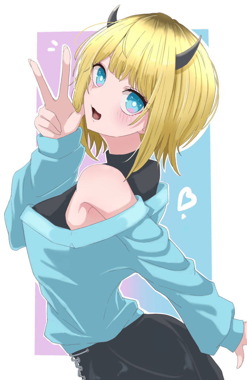 1girl :3 absurdres armpits benjamin_1kt blonde_hair blue_sweater bob_cut demon_horns fake_horns highres horns inverted_bob mem-cho multicolored_hair off-shoulder_sweater off_shoulder oshi_no_ko sweater