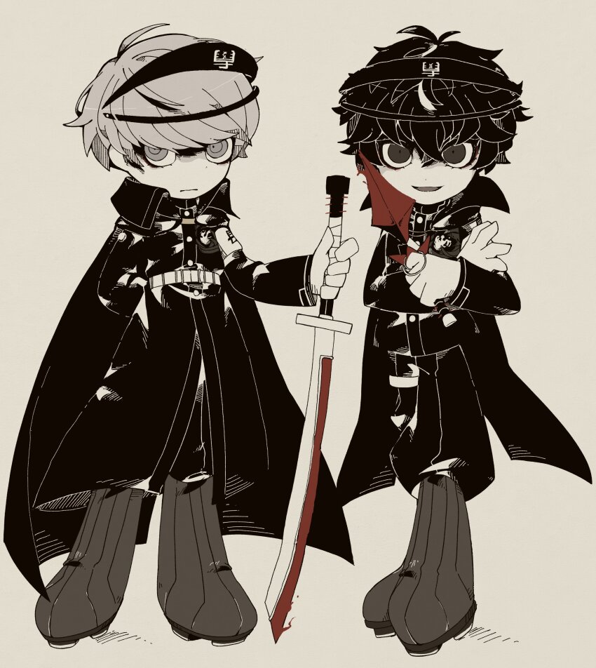 absurdres akesenyou alternate_costume amamiya_ren armband belt black_boots black_cape black_eyes black_hair black_pants boots cape crossed_arms crossover deformed full_body gloves grey_eyes grey_hair headgear highres holding holding_knife holding_sword holding_weapon hole_in_chest hole_on_body knife last_defense_academy_school_uniform narukami_yu pants persona persona_4 persona_5 school_uniform short_hair standing sword the_hundred_line_-last_defense_academy- weapon white_background white_belt white_gloves