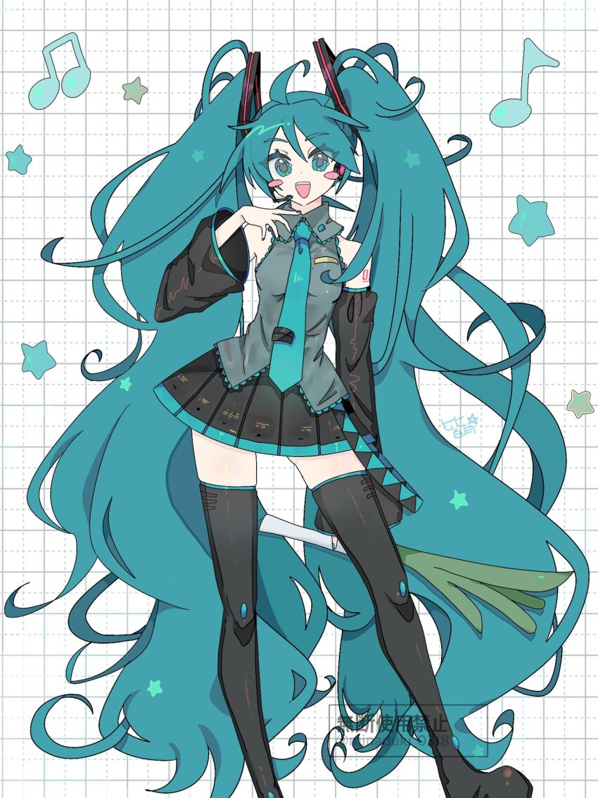 1girl ahoge aqua_hair aqua_necktie bare_shoulders black_boots black_skirt black_sleeves black_thighhighs blue_eyes blue_hair blue_necktie blush_spirals boots collared_shirt curly_hair detached_sleeves dot_nose eighth_note food frilled_shirt frills grey_shirt grid_background hair_between_eyes hair_ornament hatsune_miku headphones headset highres holding holding_food holding_spring_onion holding_vegetable huge_ahoge long_hair looking_at_viewer minazuki_(minaduki_0318) miniskirt musical_note nail_polish necktie number_tattoo open_mouth pleated_skirt shirt sidelocks simple_background skindentation skirt sleeveless smile spring_onion standing star_(symbol) tattoo teeth thighhighs twintails upper_teeth_only vegetable very_long_hair vocaloid watermark white_background zettai_ryouiki