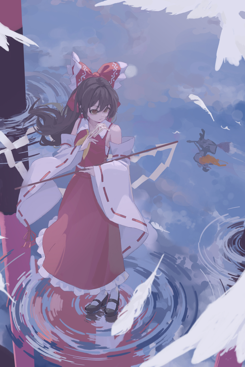 2girls absurdres ascot between_fingers bird black_shoes blonde_hair bow broom broom_riding brown_eyes brown_hair closed_mouth commentary_request detached_sleeves falling_feathers feathers flying frilled_bow frills gohei hair_bow hakurei_reimu hat highres holding holding_gohei kirisame_marisa long_hair mary_janes multiple_girls ofuda ofuda_between_fingers red_bow red_skirt reflection ribbon-trimmed_sleeves ribbon_trim ripples s2535151 shoes skirt skirt_set socks touhou water white_bird white_feathers white_socks witch_hat yellow_ascot