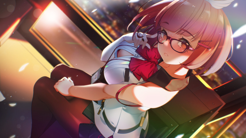 1girl adjusting_eyewear bare_shoulders belt black_belt black_skirt blush bob_cut bow bra bra_peek bra_strap breast_pocket breasts button_gap clenched_teeth dress_shirt dutch_angle embarrassed ferris_wheel ferris_wheel_interior game_cg hair_ornament hairband hairpin hand_on_own_thigh highres hime_cut impossible_clothes impossible_shirt joo_mi-ra lanyard light_particles looking_at_viewer medium_breasts miniskirt miracle_snack_shop mole mole_under_eye night night_sky no_pupils non-web_source nose_blush official_art orange_eyes orange_hair panties panty_straps pantyhose pencil_skirt petals pink_lips pleated_shirt pocket pov purple-framed_eyewear red_bow red_bra red_pantyhose shiny_skin shirt short_hair side-tie_panties side_slit sitting skirt sky sleeveless sleeveless_shirt smile solo strap_slip sweat talesshop teeth tight_clothes tight_shirt ukero underwear untucked_shirt white_shirt winged_hair_ornament winged_hairband zipper zipper_skirt