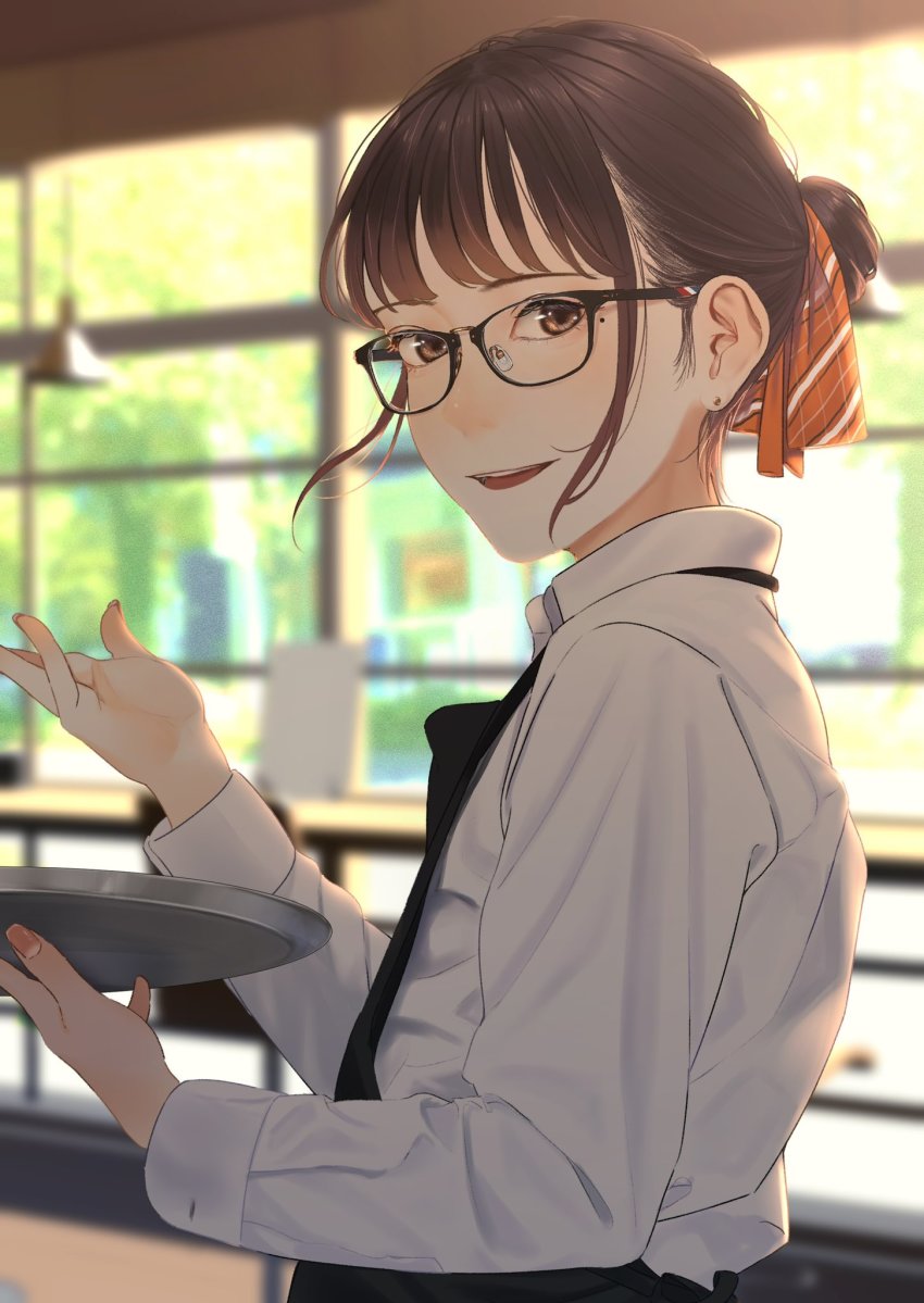 1girl apron black-framed_eyewear black_apron blurry blurry_background blush brown_eyes brown_hair collared_shirt dress_shirt glasses hair_bun hair_ribbon hand_up highres holding holding_plate indoors long_hair long_sleeves looking_at_viewer looking_back mole mole_under_eye nail_polish orange_ribbon original parted_lips plate restaurant ribbon saitou_(lynx-shrike) shirt smile solo standing waitress white_shirt window