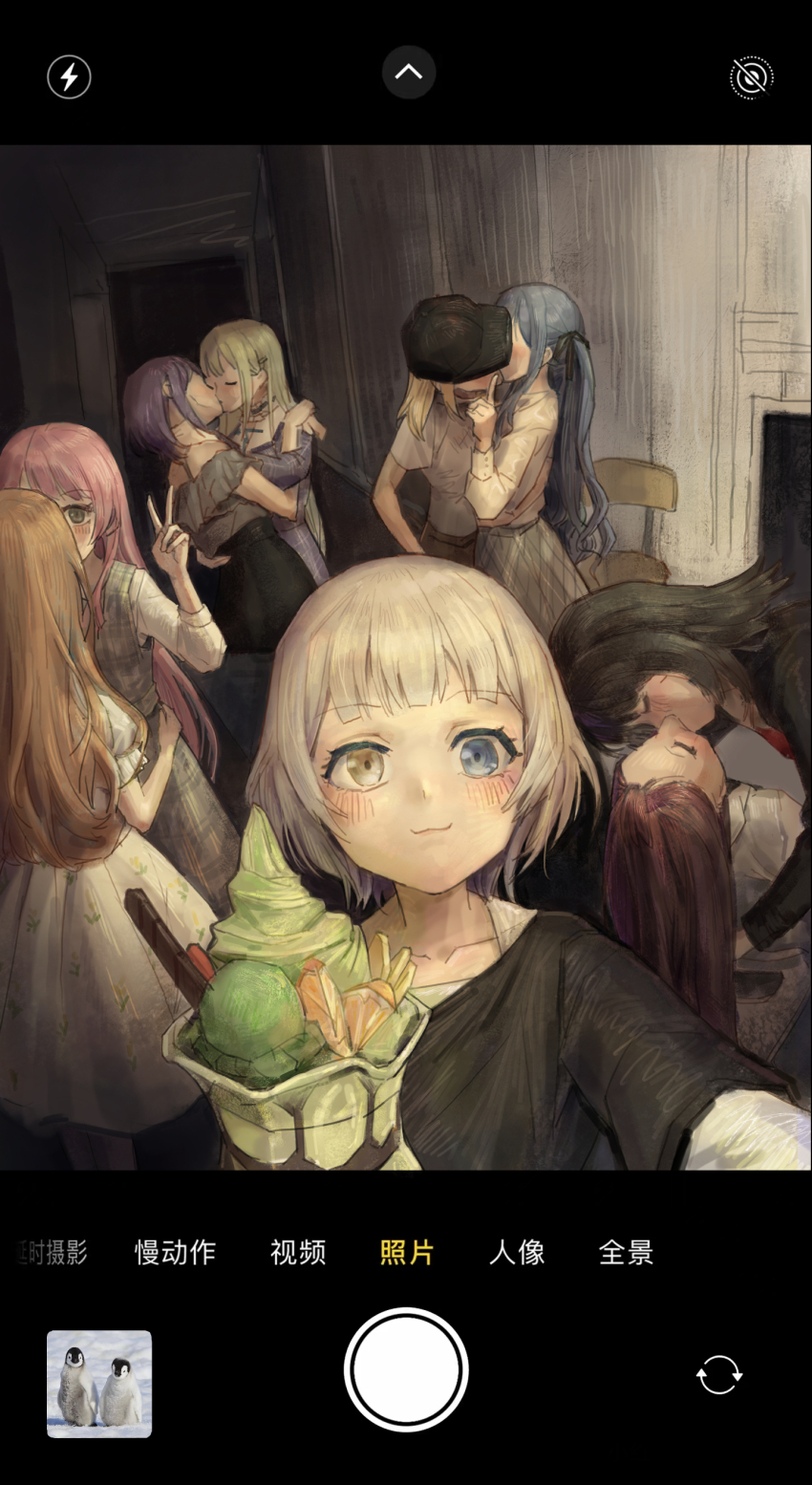 6+girls absurdres ave_mujica_(bang_dream!) bang_dream! bang_dream!_it&#039;s_mygo!!!!! bird black_hair blonde_hair blue_eyes blush brown_hair chair chihaya_anon commentary_request couple dress fake_phone_screenshot fake_screenshot food hat heterochromia highres hikawa_sayo indoors kaname_raana kiss knlice long_hair misumi_uika multiple_girls nagasaki_soyo off-shoulder_shirt off_shoulder parfait penguin photo_inset pink_hair purple_hair selfie shiina_taki shirt short_hair togawa_sakiko v wakaba_mutsumi white_hair yahata_umiri yellow_eyes yuri