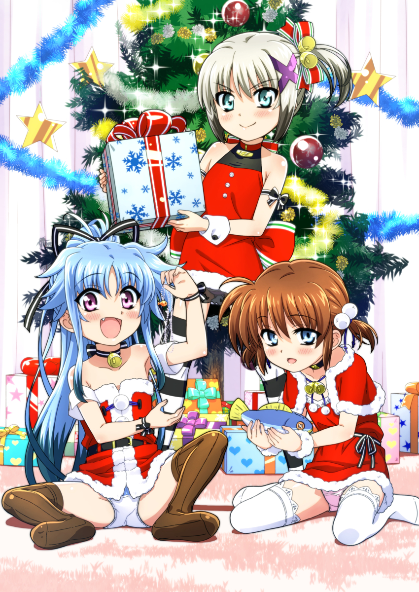 3girls :d absurdres alternate_hairstyle aqua_eyes arm_ribbon armband back_bow bare_shoulders bell black_choker black_hair black_ribbon black_thighhighs blue_eyes blue_hair blue_panties blush bow brown_hair capelet choker christmas christmas_ornaments christmas_tree closed_mouth commentary_request crotch_seam dress fang fish fur-trimmed_capelet fur-trimmed_dress fur_trim garland_(decoration) gift grey_hair hair_bell hair_bobbles hair_ornament hair_ribbon hair_up halter_dress halterneck heart heart_print highres holding holding_gift indoors jewelry large_bow leaning_forward levi_the_slasher long_hair looking_at_viewer lord_dearche low_twintails lyrical_nanoha mahou_shoujo_lyrical_nanoha_innocent miyajima_hitoshi multicolored_hair multiple_girls neck_bell necklace on_floor open_mouth panties pantyshot pink_panties ponytail purple_eyes red_bow red_capelet red_dress revision ribbon santa_costume santa_dress short_dress short_hair sidelocks sitting smile snowflake_print sparkle spread_legs standing star_ornament stern_the_destructor strapless strapless_dress striped_clothes striped_thighhighs thighhighs twintails two-tone_hair underwear unworn_jewelry unworn_necklace vertical-striped_clothes vertical-striped_thighhighs wariza white_thighhighs wrist_cuffs x_hair_ornament