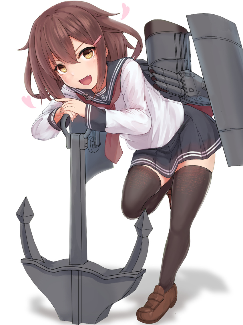 1girl anchor anchor_symbol black_sailor_collar black_skirt black_thighhighs blush brown_eyes brown_hair brown_shoes em_s fang hair_between_eyes heart highres ikazuchi_(kancolle) kantai_collection long_sleeves looking_at_viewer neckerchief open_mouth pleated_skirt red_neckerchief sailor_collar school_uniform serafuku shoes short_hair simple_background skirt smile solo standing standing_on_one_leg thighhighs white_background