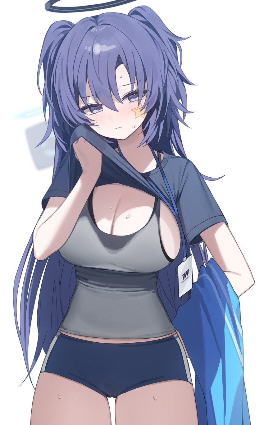 1girl absurdres black_halo black_shirt blue_archive blue_eyes blue_hair blue_jacket blush breasts chimyo cleavage closed_mouth commentary cowboy_shot grey_tank_top hair_between_eyes halo highres jacket lanyard large_breasts long_hair looking_at_viewer shirt simple_background solo star_sticker sticker_on_face sweat symbol-only_commentary tank_top thighs two_side_up unworn_jacket white_background yuuka_(blue_archive) yuuka_(track)_(blue_archive)