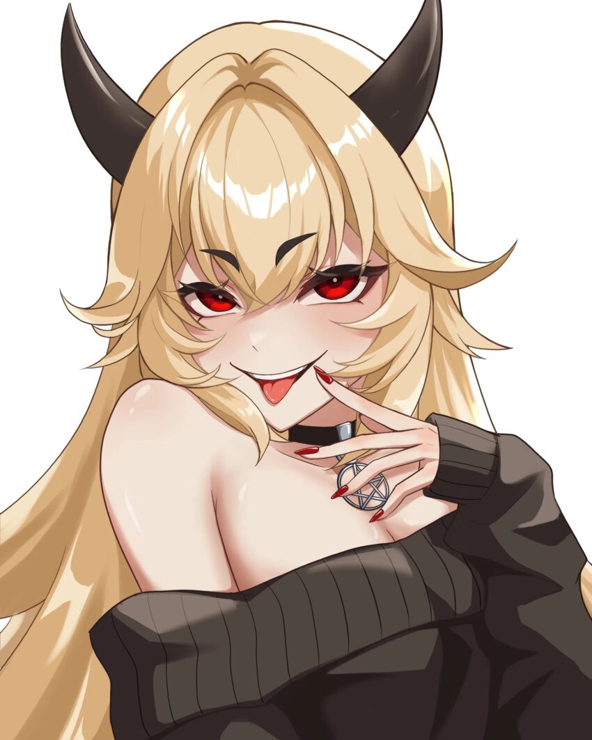 1girl armpit_crease bare_shoulders black_choker black_horns black_sweater blonde_hair breasts choker commentary commission crossed_bangs english_commentary finger_to_mouth fingernails hair_between_eyes hair_intakes hand_up haori903 highres horns light_blush long_fingernails long_hair looking_at_viewer off-shoulder_sweater off_shoulder open_mouth original pentagram pentagram_choker red_eyes red_nails simple_background sleeves_past_wrists smile solo sweater teeth tongue tongue_out upper_body upper_teeth_only vgen_commission white_background