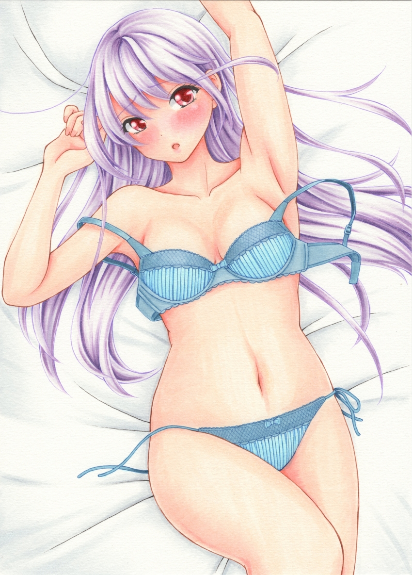 1girl :o absurdres armpits arms_up blue_bra blue_panties blush bow bow_bra bow_panties bra breasts choppy_bangs collarbone commentary_request dot_nose highres long_hair looking_at_viewer lying marker_(medium) medium_breasts midori_(mira567) navel on_back on_bed open_bra original panties parted_lips purple_hair raised_inner_eyebrows red_eyes side-tie_panties solo stomach traditional_media underwear underwear_only unfastened untied_panties