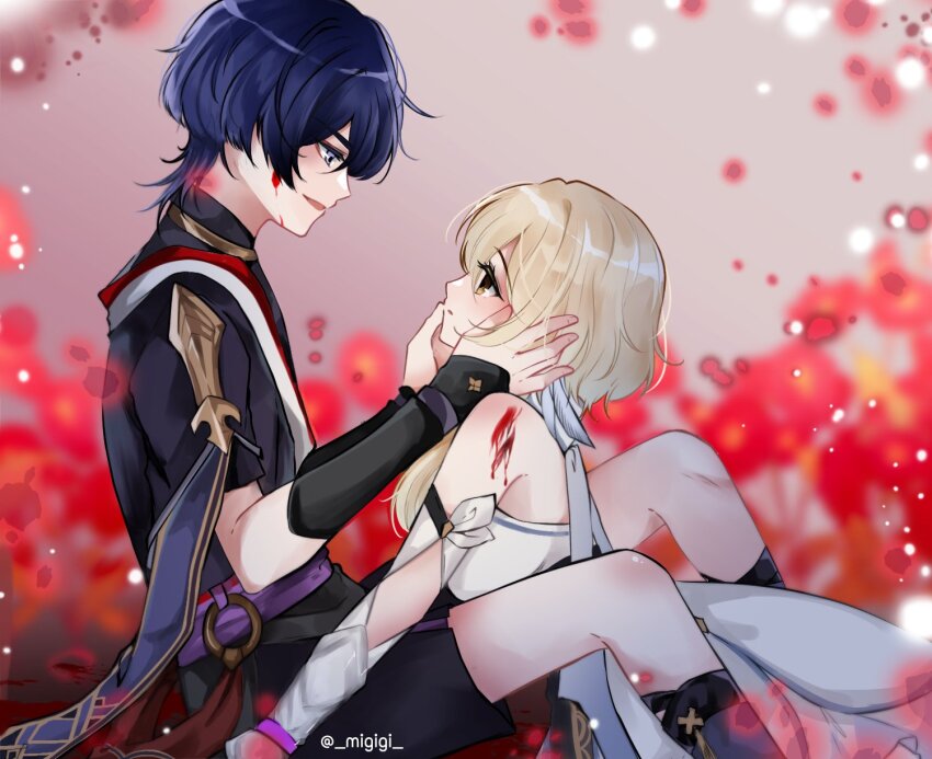 1boy 1girl arm_cutout armor bare_shoulders between_legs black_bodysuit black_kimono black_shorts black_sleeves blonde_hair blood blood_on_face blood_on_shoulder blue_trim blunt_ends bodysuit closed_mouth detached_sleeves dress eyelashes feather_hair_ornament feathers from_side furisode genshin_impact gold gold_trim grey_eyes hair_ornament han&#039;eri hands_on_another&#039;s_face hetero highres injury japanese_armor japanese_clothes jewelry kimono kote kurokote layered_kimono layered_sleeves looking_at_another lumine_(genshin_impact) migigi neck_ring o-ring open_hands open_mouth purple_hair purple_sash purple_sleeves red_kimono red_sash sash scaramouche_(genshin_impact) scarf short_hair short_hair_with_long_locks short_sleeves shorts shoulder_blush sidelocks sideways_mouth sitting thumb_to_mouth twitter_username vambraces white_dress white_feathers white_kimono white_scarf white_sleeves yellow_eyes