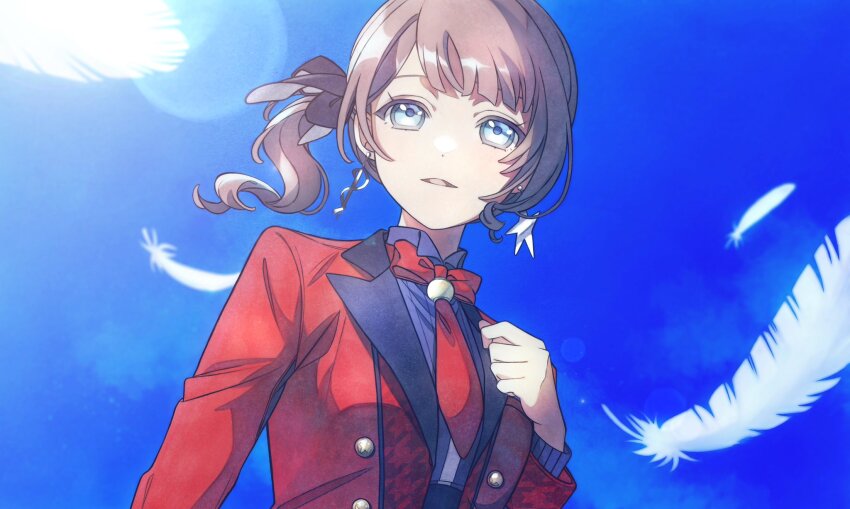 1girl arm_at_side blue_eyes blue_sky blunt_bangs blurry bokeh brown_hair buttons clear_sky clenched_hand close-up coat collared_shirt day depth_of_field dot_nose drill_hair earrings eyelashes facing_viewer feathers hand_on_own_chest hand_up happy highres jewelry lapels light_smile looking_afar mismatched_earrings mochizuki_honami neck_ribbon necktie outdoors parted_lips pato_(ptro) project_sekai purple_shirt red_coat red_necktie red_ribbon ribbon shirt side_drill sidelocks single_sidelock sky solo star_(symbol) star_earrings upper_body wavy_hair white_feathers