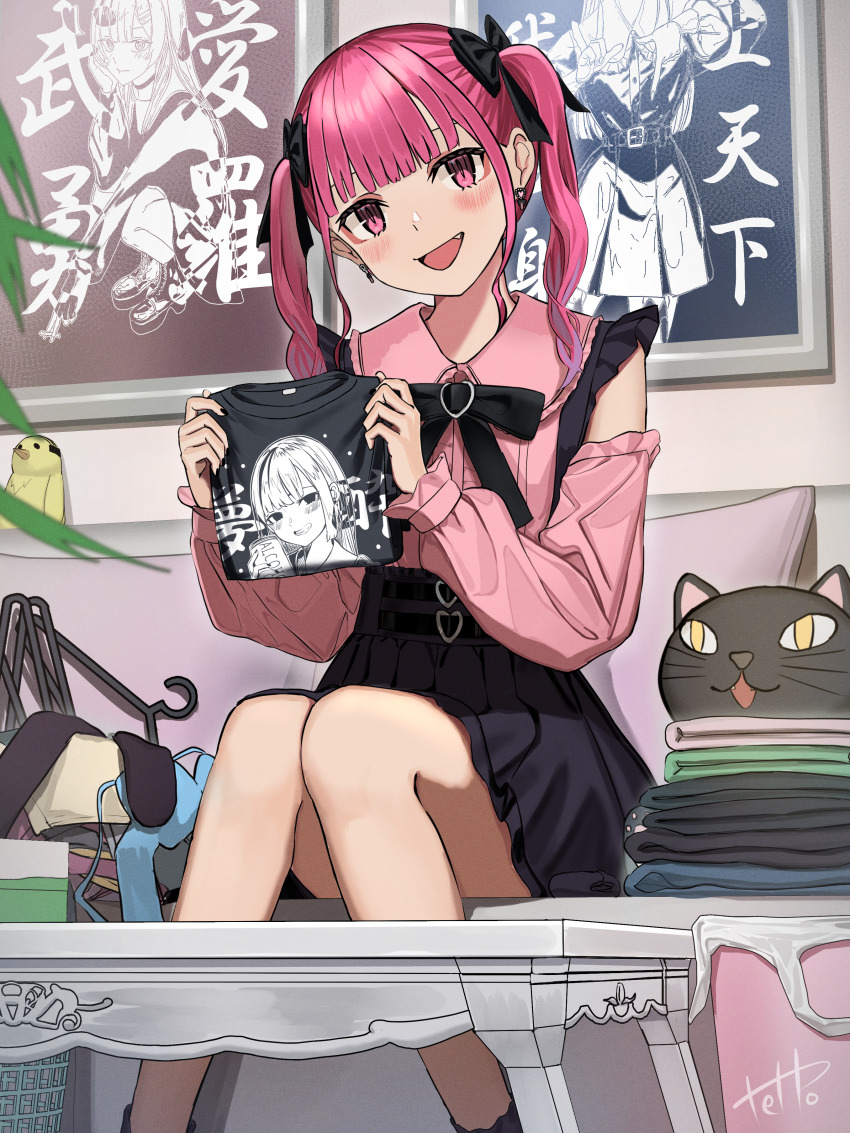 1girl :d absurdres bare_legs black_bow black_skirt black_socks blush bow coffee_table detached_sleeves fang feet_out_of_frame folding_clothes hair_bow high-waist_skirt highres hinamizawa_hinami_(tetto) holding holding_unworn_clothes indoors jirai_kei knees_together_feet_apart miniskirt open_mouth original pink_eyes pink_hair pink_shirt poster_(object) shirt sitting skirt sleeveless sleeveless_shirt smile socks solo table tetto_(onnoveltet) twintails