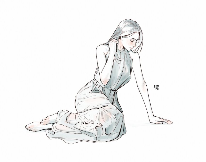 1girl artist_name barefoot breasts closed_eyes commentary dress full_body greyscale highres long_dress long_hair medium_breasts monochrome netapai1 original simple_background sitting solo spot_color yokozuwari
