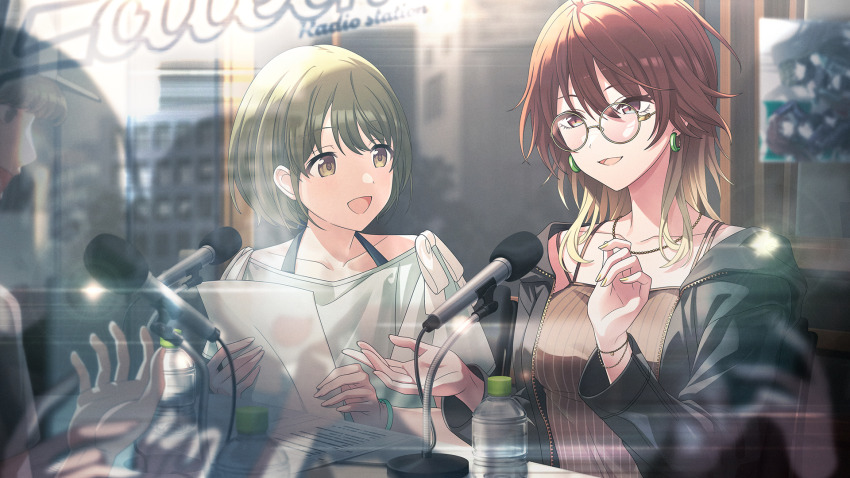 2girls aketa_mikoto blonde_hair bottle bracelet earrings game_cg glasses green_eyes grey_hair hat highres holding idolmaster idolmaster_shiny_colors idolmaster_shiny_colors_song_for_prism jewelry microphone multiple_girls nail_polish nanakusa_nichika necklace official_art open_mouth paper red_hair reflection table window