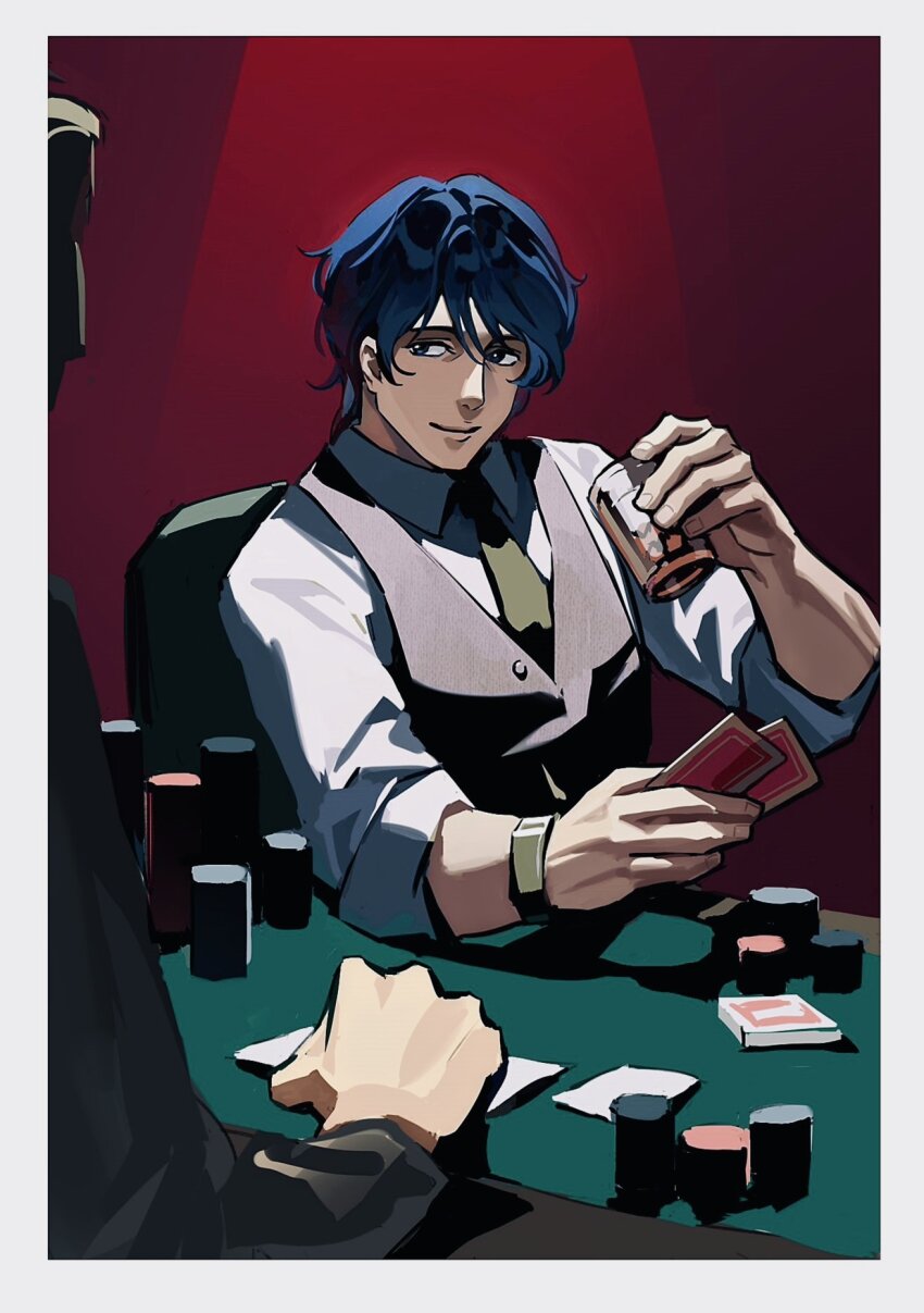 1boy black_jacket black_vest blue_hair card chair collared_shirt cup dark_background drinking_glass elbow_on_table erhuazi917 formal_clothes ginga_eiyuu_densetsu hair_between_eyes hand_on_table hand_up highres holding holding_card holding_cup ice ice_cube inset_border jacket looking_to_the_side male_focus necktie on_chair playing_card poker poker_chip poker_table red_background shirt short_hair simple_background sitting sleeves_rolled_up smile solo_focus spotlight table upper_body vest watch white_shirt wristwatch yang_wen-li yellow_necktie