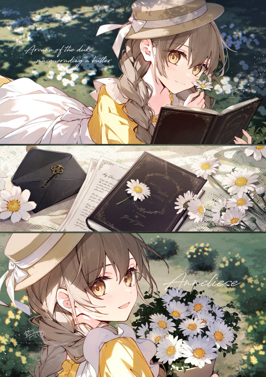 1girl annelise_(mochizuki_shiina) blush book bouquet braid brown_hair closed_mouth daisy dress envelope flower from_behind hand_in_own_hair hat highres holding holding_book holding_bouquet holding_flower key looking_at_viewer lying mochizuki_shiina multiple_views on_stomach open_mouth original paper smile twin_braids yellow_dress yellow_eyes