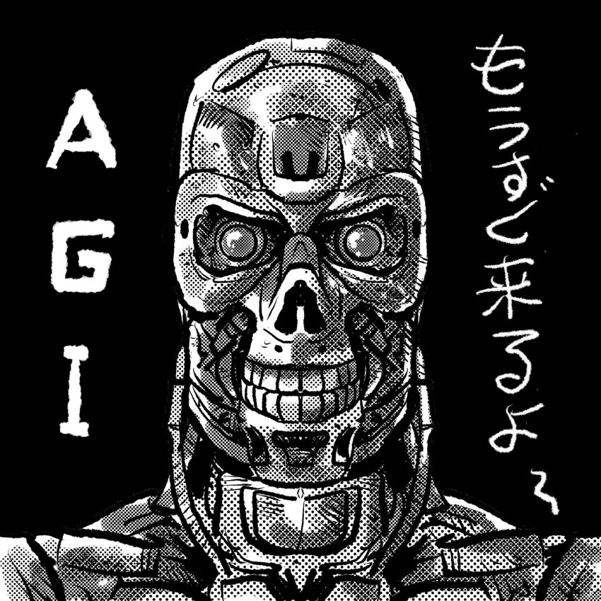 1boy commentary_request greyscale highres imamura_takaya male_focus monochrome portrait robot solo t-800 teeth terminator_(series) the_terminator translation_request