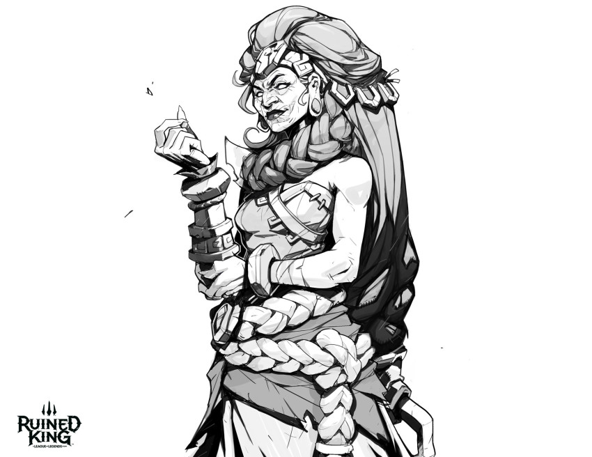 1girl bare_shoulders bracelet breasts character_request closed_mouth clothing_request copyright_name greyscale hair_ornament hand_up hicham_habchi highres jewelry league_of_legends long_earlobes long_hair looking_at_viewer medium_breasts monochrome no_pupils official_art rope ruined_king:_a_league_of_legends_story solo strapless very_long_hair white_background wrinkled_skin