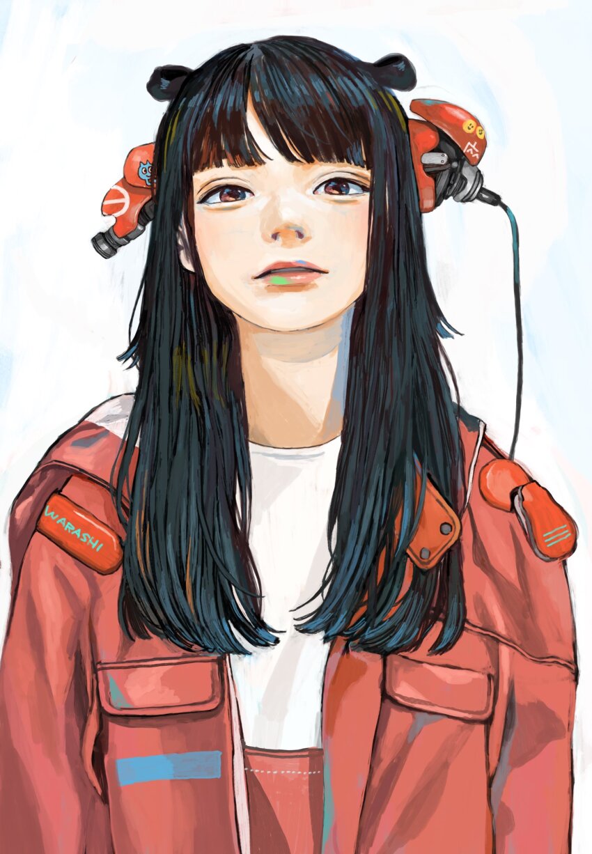 1girl black_hair cable head_back highres jacket junjunforever long_hair looking_at_viewer mechabare original parted_lips pink_eyes shirt solo upper_body