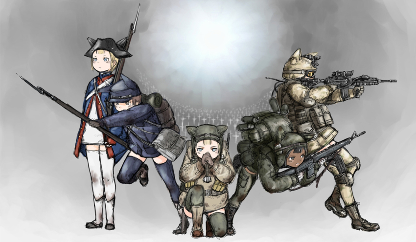 5girls afghanistan american_civil_war american_revolution animal_ears assault_rifle backpack bad_id bad_pixiv_id bag bayonet canteen cross dark-skinned_female dark_skin elbow_pads explosive gradient_background graveyard grenade gun hat m16 m16a1 m4_carbine mars_expedition military military_uniform multiple_girls musket no_pants praying revision rifle shoulder_bag thighhighs tricorne united_states vertical_forward_grip vietnam war weapon world_war_ii y_(khakiyawn) zettai_ryouiki
