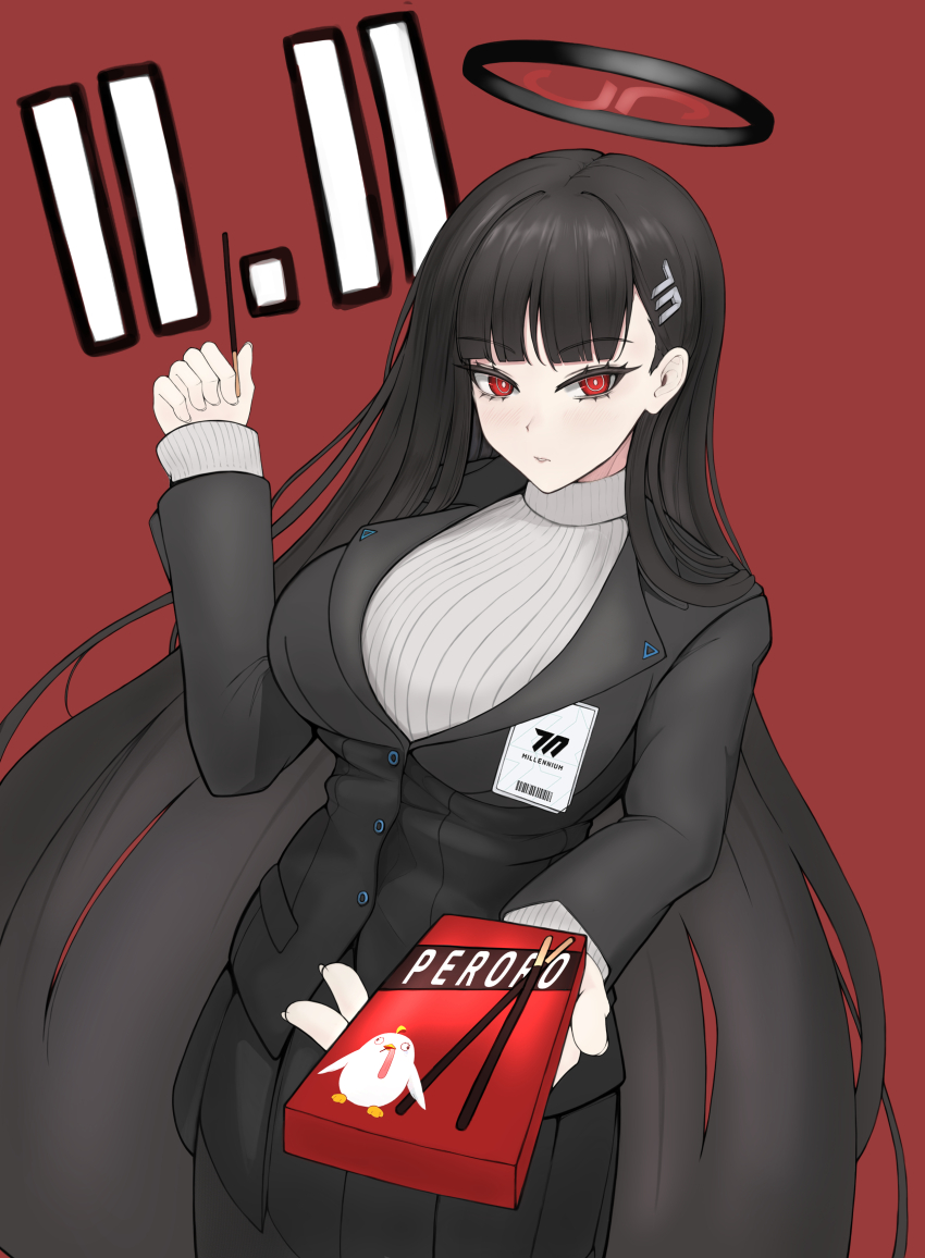 1girl absurdres black_hair black_pantyhose blazer blue_archive blunt_bangs breasts food funky_dea1er hair_ornament hairclip halo highres holding holding_food jacket long_hair looking_at_viewer pantyhose pleated_skirt pocky pocky_day red_background red_eyes ribbed_sweater rio_(blue_archive) simple_background skirt solo sweater turtleneck turtleneck_sweater very_long_hair