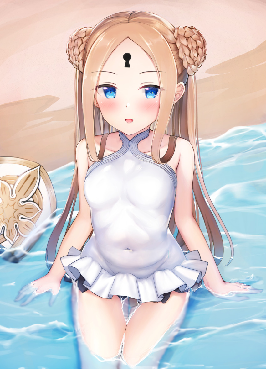 1girl abigail_williams_(fate) abigail_williams_(swimsuit_foreigner)_(fate) abigail_williams_(swimsuit_foreigner)_(second_ascension)_(fate) absurdres bare_shoulders benedia black_bow blonde_hair blue_eyes blush bow braid braided_bun breasts double_bun dress_swimsuit fate/grand_order fate_(series) forehead hair_bun hat highres long_hair looking_at_viewer mitre multiple_bows one-piece_swimsuit open_mouth orange_bow parted_bangs sidelocks small_breasts smile swimsuit twintails unworn_hat unworn_headwear very_long_hair white_headwear white_one-piece_swimsuit