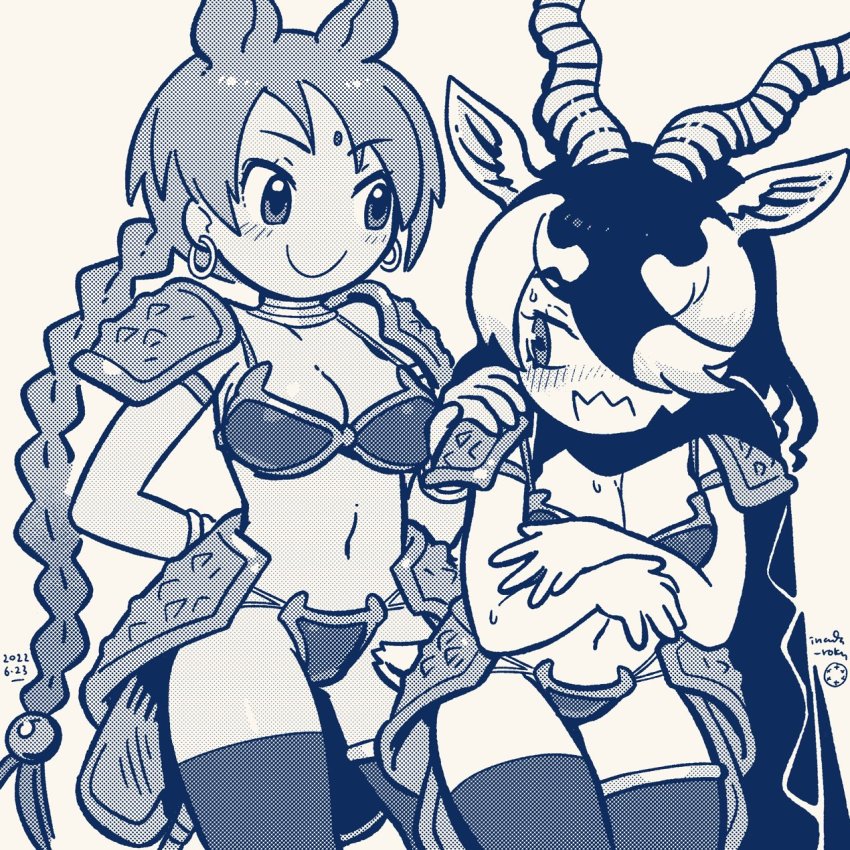 2girls animal_ears antelope_ears antelope_horns arm_behind_back armor beads bikini_armor blackbuck_(kemono_friends) blush braid braided_ponytail breasts c: cape cleavage closed_mouth cosplay covering_privates covering_breasts earrings embarrassed facial_mark forehead_mark hair_beads hair_ornament hair_over_one_eye hand_on_another&#039;s_shoulder hands_up highres horizontal_pupils horns inada_roku indian_rhinoceros_(kemono_friends) indian_rhinoceros_(kemono_friends)_(cosplay) jewelry kemono_friends kemono_friends_3 long_bangs long_braid long_hair looking_at_another medium_hair monochrome multicolored_hair multiple_girls navel neck_ring revealing_clothes rhinoceros_ears rhinoceros_girl shoulder_armor single_braid smile stomach sweat swept_bangs tail tan thighhighs two-tone_hair very_long_hair wavy_mouth