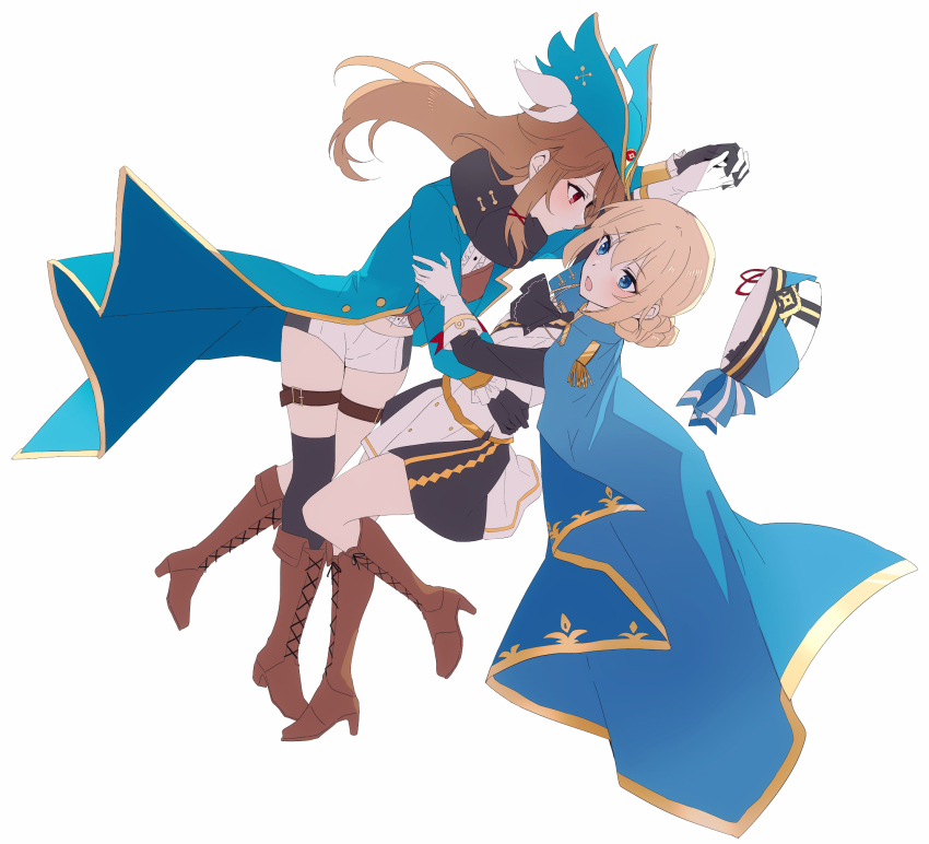 2girls amazuki_jou azur_lane belt black_gloves blonde_hair blue_eyes blue_hat boots brown_hair closed_mouth from_side full_body gloves hardy_(azur_lane) hat high_heels highres hunter_(azur_lane) knee_boots light_blush long_hair looking_at_another multiple_girls open_mouth red_eyes simple_background thigh_belt thigh_strap white_background white_gloves