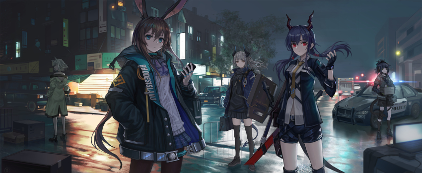 5girls absurdres amiya_(arknights) animal_ears arknights bag ballistic_shield black_gloves black_jacket black_shorts blouse blue_eyes blue_hair brown_hair building car carrying ch&#039;en_(arknights) crate dazzler_(weapon) dragon_horns dragon_tail duffel_bag electroshock_weapon fingerless_gloves flash_shield floating_hair garbage_truck gloves green_jacket grey_hair hand_in_pocket highres holding horns jacket jessica_(arknights) kal&#039;tsit_(arknights) less-than-lethal_weapon liskarm_(arknights) long_hair looking_at_viewer low_twintails miniskirt motor_vehicle multiple_girls necktie night off_shoulder outdoors pantyhose police_car rabbit_ears red_eyes riot_shield road shield shirt shoes short_shorts shorts skirt street stun_shield sword tail thighhighs truck twintails weapon white_shirt zettai_ryouiki zhai