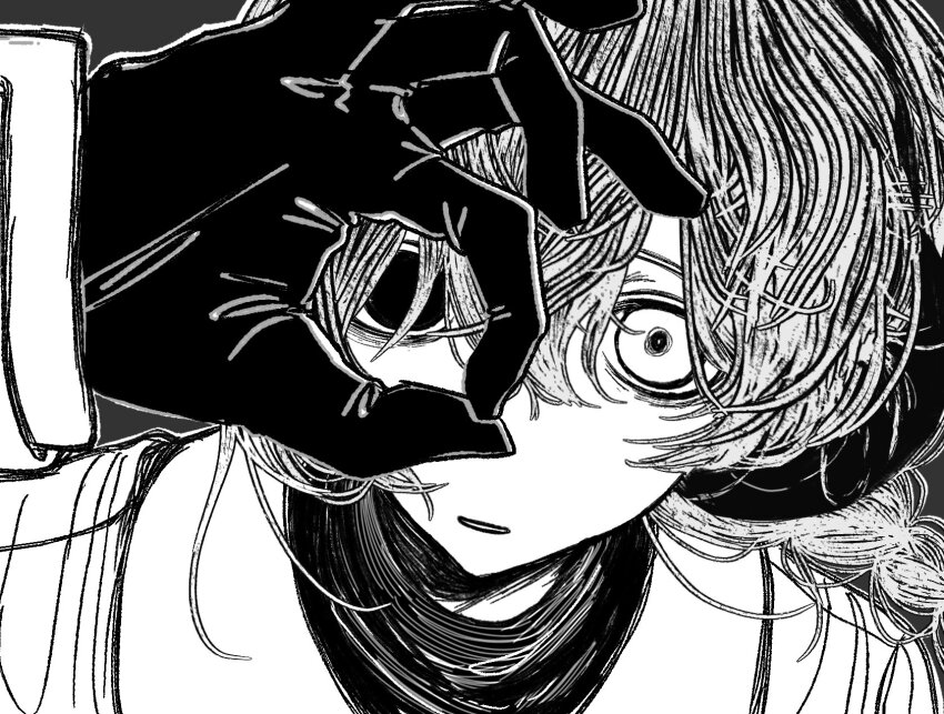 1girl bags_under_eyes braid earmuffs foreshortening gloves greyscale hair_between_eyes hair_over_shoulder hand_up heterochromia highres light_smile long_hair long_sleeves looking_at_viewer messy_hair monochrome ok_sign ok_sign_over_eye parted_lips portrait sekka_yufu solo utau wada140