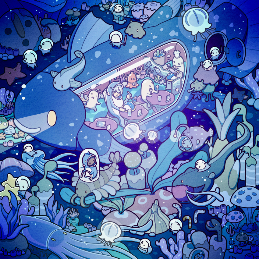 1girl absurdres anglerfish bow bowtie chef_hat coelacanth cooking_pot coral curry curry_rice eel fish fish_costume fish_request food food_art fork gulper_eel hat highres jellyfish original restaurant rice seafloor seashell shell spoon squid starfish submarine tako-san_wiener tti_design umbrella_octopus underwater watercraft