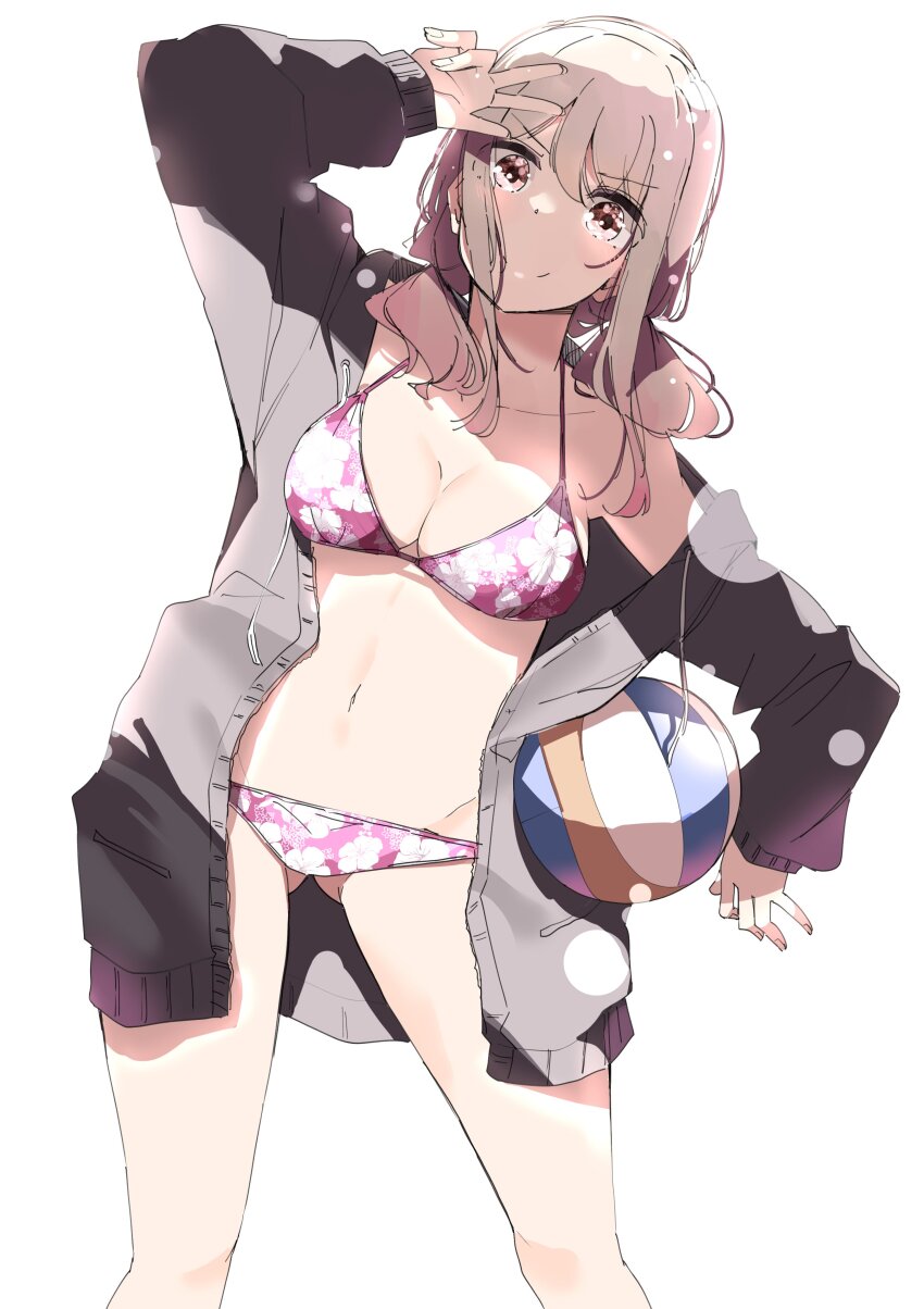 1girl absurdres arm_up ball beach_volleyball bikini blush breasts brown_eyes brown_hair cleavage collarbone commentary_request contrapposto cowboy_shot floral_print_bikini gluteal_fold hair_between_eyes harukana_receive highres holding holding_ball jacket jacket_over_swimsuit long_hair long_sleeves looking_at_viewer medium_breasts navel nyoijizai off_shoulder oozora_haruka_(harukana_receive) open_clothes open_jacket pink_bikini salute simple_background smile solo standing stomach swimsuit thighs white_background