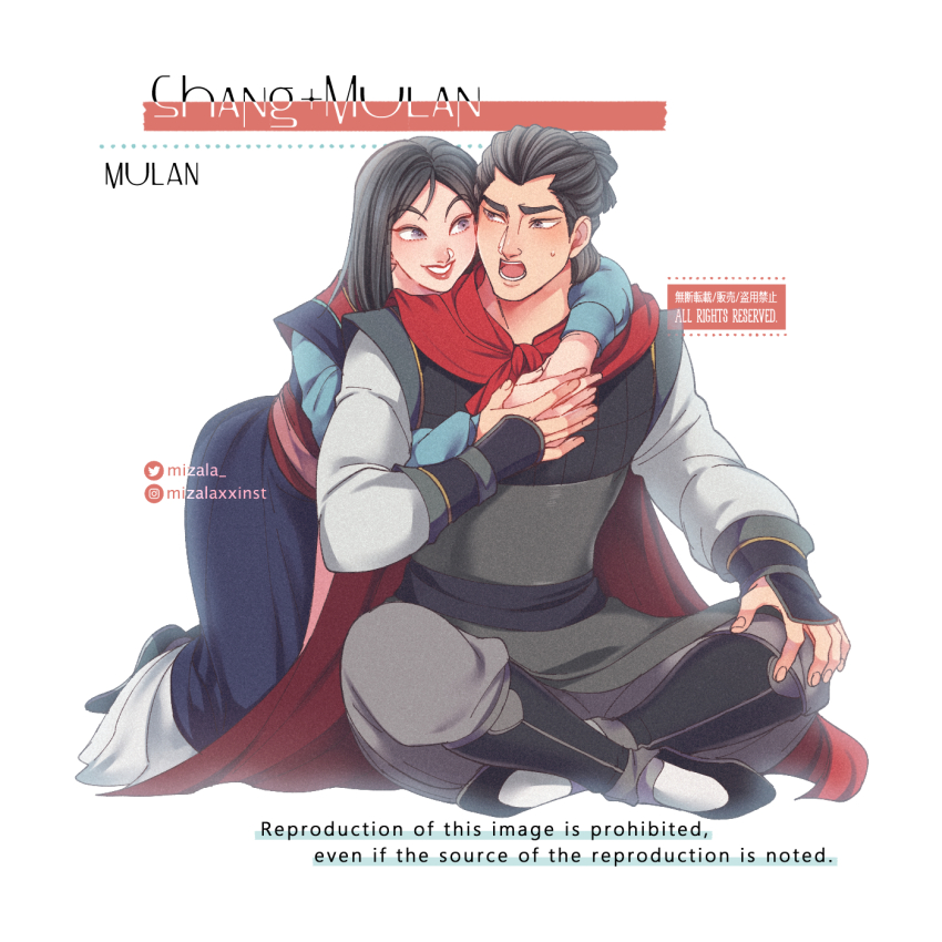 1boy 1girl animification black_hair brown_eyes chinese_clothes dress fa_mulan_(disney) hanfu highres holding li_shang_(disney) long_hair looking_at_viewer mizala mulan_(movie) shirt short_hair simple_background smile