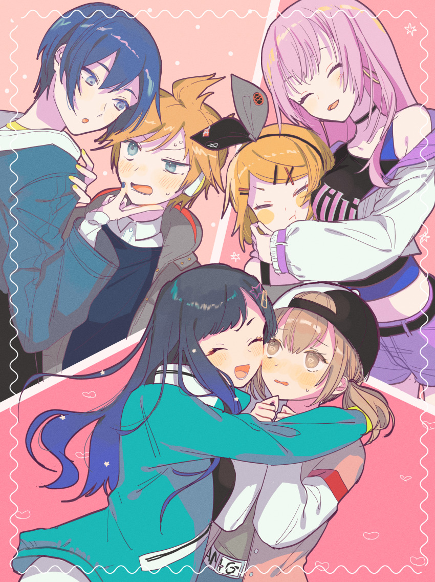 2boys 4girls absurdres azusawa_kohane black_choker black_hair blonde_hair blue_eyes blue_hair blush brown_eyes cheek-to-breast cheek-to-cheek chestnut_mouth choker closed_eyes dark_blue_hair earrings flustered hairpin hat heads_together heart highres hood hoodie hoop_earrings hug jewelry kagamine_len kagamine_rin kaito_(vocaloid) long_hair looking_at_another low_twintails megurine_luka multiple_boys multiple_girls multiple_hairpins off_shoulder open_mouth pawpawrim pink_background pink_hair project_sekai shiraishi_an short_hair shorts smile sweat twintails upper_body vocaloid yaoi yuri