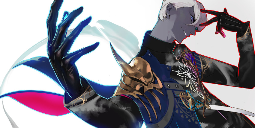 1boy black_gloves black_shirt blue_eyes dark-skinned_male dark_skin fate/grand_order fate_(series) foreshortening from_side gloves gradient_background grey_background grin hair_behind_ear hands_up highres indra_(fate) long_sleeves looking_at_viewer male_focus pako_(pakosun) parted_lips profile shirt short_hair smile solo upper_body white_background white_hair