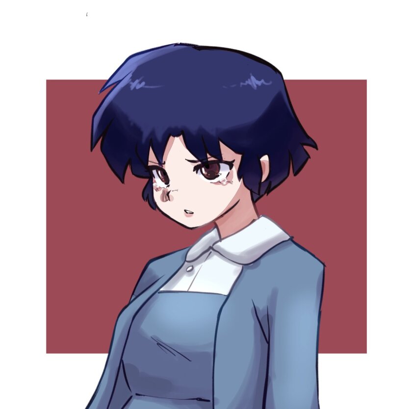 1girl bags_under_eyes blouse blue_dress blue_hair blue_jacket blunt_ends bob_cut border brown_eyes collared_shirt crying crying_with_eyes_open dress dress_shirt furrowed_brow fuurinkan_high_school_uniform highres jacket mychi_drawings outside_border parted_lips pinafore_dress ranma_1/2 red_background sad school_uniform shirt short_hair sleeveless sleeveless_dress solo tearing_up tears tendou_akane upper_body upturned_eyes white_border white_shirt
