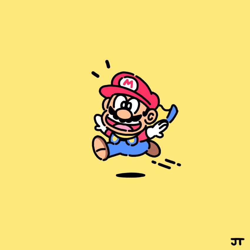1boy black_eyes black_hair blue_overalls brown_shoes cape cape_mario chibi chibi_only commentary english_commentary facial_hair full_body gloves happy hat highres james_turner long_sleeves male_focus mario mario_(series) motion_lines mustache nintendo notice_lines open_mouth outstretched_arms overalls parody red_hat red_shirt running sawada_yukio_(style) shirt shoes short_hair signature simple_background smile solo style_parody super_mario-kun super_mario_world teeth upper_teeth_only white_gloves yellow_background yellow_cape
