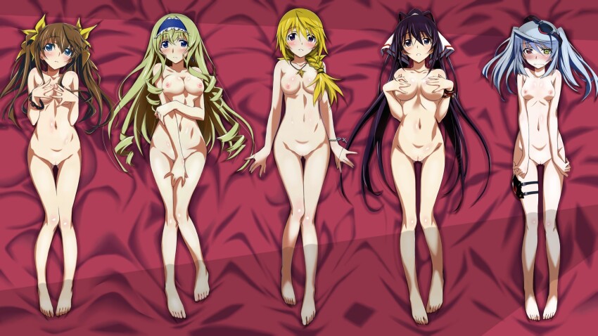 5girls bed blonde_hair breasts brown_hair cecilia_alcott charlotte_dunois completely_nude green_eyes grey_hair highres huang_lingyin infinite_stratos large_breasts laura_bodewig long_hair medium_breasts midriff multiple_girls nipples nude nude_filter purple_eyes red_eyes shinonono_houki short_hair small_breasts third-party_edit twintails