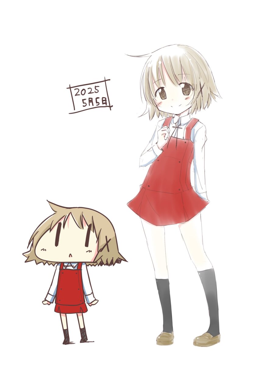 1girl black_socks blue_eyes brown_eyes brown_hair chibi closed_mouth dated dot_nose female_focus full_body hair_between_eyes hair_ornament hidamari_sketch long_sleeves looking_at_viewer runa44 school_uniform shirt smile socks solo standing white_background white_shirt x_hair_ornament yamabuki_high_school_uniform yuno_(hidamari_sketch) |_|