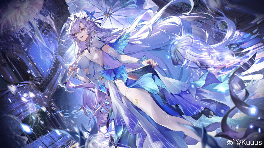 1girl blue_eyes blue_flower breasts cantarella_(wuthering_waves) chinese_commentary commentary_request dress dutch_angle earrings facial_mark flower from_below hair_between_eyes hair_flower hair_ornament headdress highres holding holding_umbrella jellyfish jewelry kuuus large_breasts long_hair mark_under_eye nail_polish parted_lips purple_hair purple_nails purple_umbrella smile solo thighhighs thighs umbrella very_long_hair white_dress white_thighhighs wuthering_waves