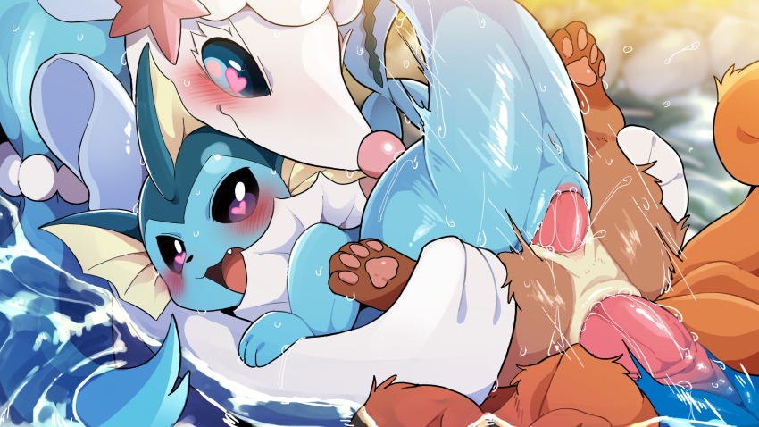 anal animal_sexualization anus blue_eyes dagasi double_penetration gen_1_pokemon gen_7_pokemon heart heart-shaped_pupils highres nintendo penis pokemon pokemon_(creature) primarina pussy pussy_juice sex symbol-shaped_pupils uncensored vaginal vaporeon vulpix