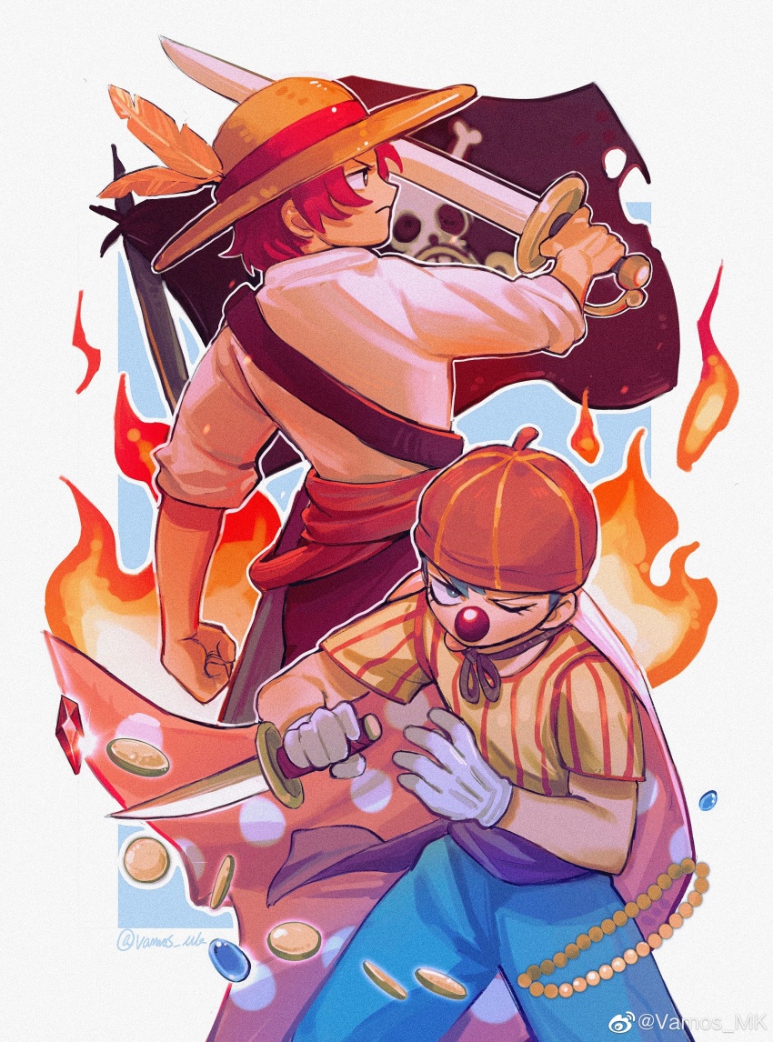 2boys absurdres blue_pants buggy_the_clown cape closed_mouth clown_nose coin fire gloves hat highres holding holding_sword holding_weapon jolly_roger male_focus multiple_boys one_eye_closed one_piece orange_hat pants red_hair shanks_(one_piece) shirt straw_hat striped_clothes striped_shirt sword vamos_mk weapon white_gloves white_shirt