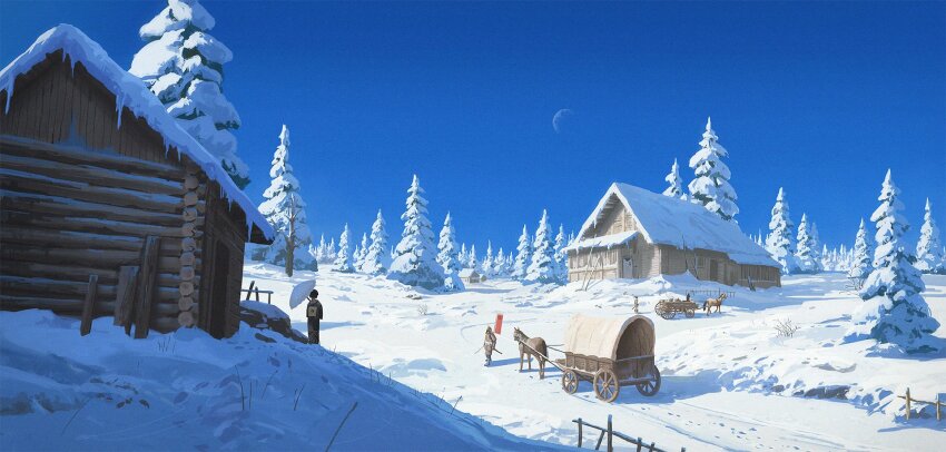 armor banner black_hair blue_sky building carriage cyclecircle day helmet highres holding holding_umbrella horse hut japanese_armor japanese_clothes kabuto_(helmet) kimono moon oil-paper_umbrella original outdoors people road samurai scenery shadow sky snow standing tree umbrella wide_shot winter