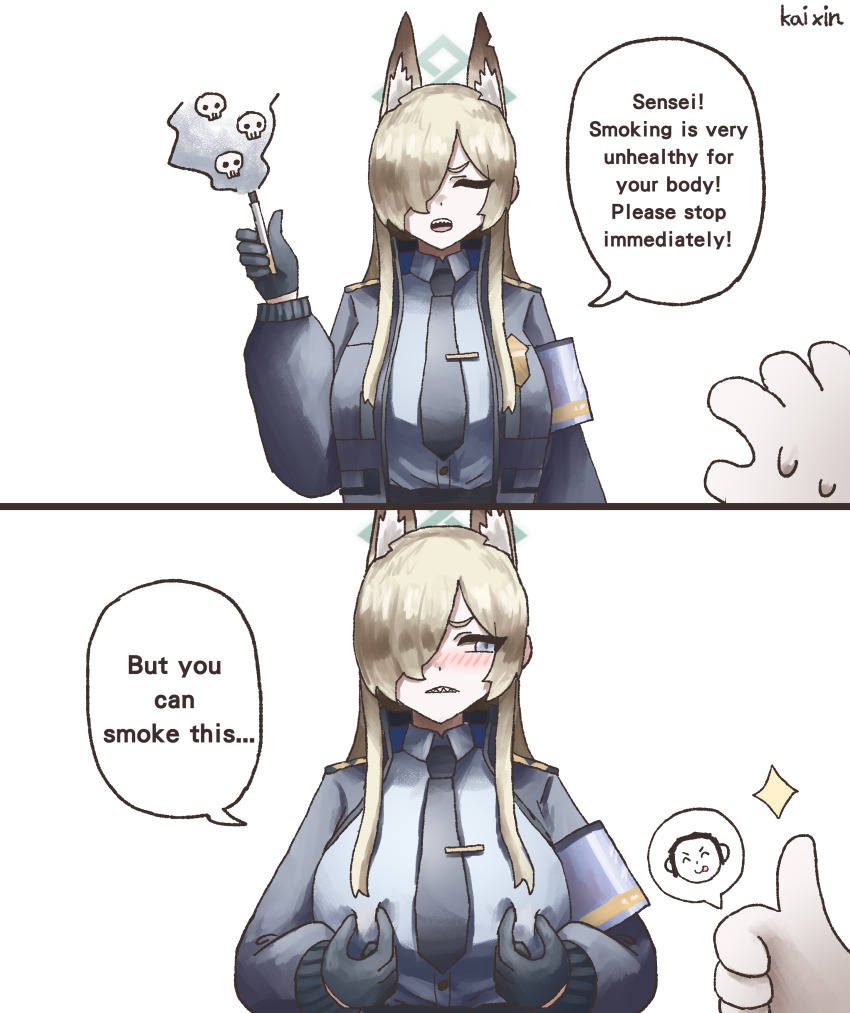 1boy 1girl absurdres animal_ear_fluff animal_ears armband blonde_hair blue_archive blue_armband blue_eyes blue_halo blue_jacket blue_necktie blue_shirt blush breasts cigarette dog_ears doodle_sensei_(blue_archive) hair_over_one_eye halo highres holding holding_cigarette jacket kai_xin kanna_(blue_archive) large_breasts long_hair necktie nipple_stimulation nipple_tweak nipple_tweak_through_clothes notched_ear police_badge rectangular_halo sensei_(blue_archive) sharp_teeth shirt skull smoke sweat teeth thumbs_up tongue tongue_out
