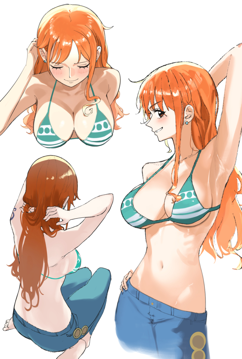 1girl arm_behind_head arm_up armpits arms_behind_back bare_shoulders bikini bikini_top_only blue_pants blush breasts brown_eyes cleavage closed_eyes collarbone commentary cowboy_shot denim earrings el_tenshi foot_out_of_frame from_above from_behind green_bikini halterneck hand_on_own_hip hands_in_own_hair highres jeans jewelry large_breasts long_hair multiple_views nami_(one_piece) navel one_piece orange_hair pants parted_lips seiza shoulder_tattoo simple_background single_sidelock sitting smile stomach string_bikini swimsuit tattoo upper_body white_background