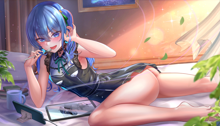 1girl aqua_hair ass barefoot belt black_belt black_choker black_dress blue_eyes blue_hair breasts choker collared_dress colored_inner_hair dress feet green_ribbon hair_between_eyes hair_ribbon hololive hoshimachi_suisei hoshimachi_suisei_(casual) jagoo lace lace_choker lace_sleeves long_hair looking_at_viewer lying multicolored_hair neck_ribbon no_panties open_mouth ribbon short_dress short_sleeves small_breasts smile solo star_(symbol) star_in_eye symbol_in_eye virtual_youtuber
