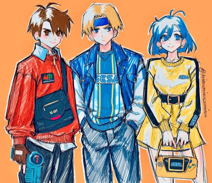 1girl 2boys :/ alternate_costume antenna_hair asymmetrical_bangs bag belt belt_around_waist black_bag black_belt black_pants blonde_hair blue_eyes blue_hair blue_headband blue_jacket blue_shirt brown_eyes brown_gloves brown_hair closed_mouth collar cowboy_shot denim dress fingerless_gloves game_console gloves gun gunstar_blue gunstar_heroes gunstar_red handbag handheld_game_console hands_in_pockets headband highres holding holding_gun holding_weapon jacket jeans letterman_jacket light_blush long_sleeves multiple_boys orange_background pants parted_bangs poririna red_sweater sega sega_game_gear sega_mega_drive shirt short_hair shoulder_bag simple_background smile spiked_hair sweater swept_bangs v-shaped_eyebrows weapon white_collar white_shirt white_sleeves yellow_(gunstar_heroes) yellow_bag yellow_dress